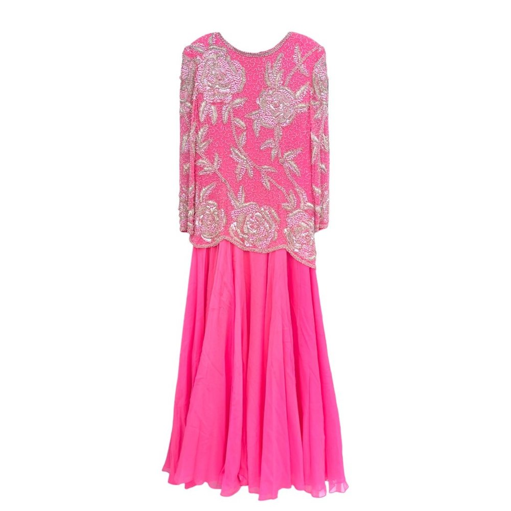 Vintage 1980s Pink Formal Dress Silk Beaded Drop Waist Women's size 12